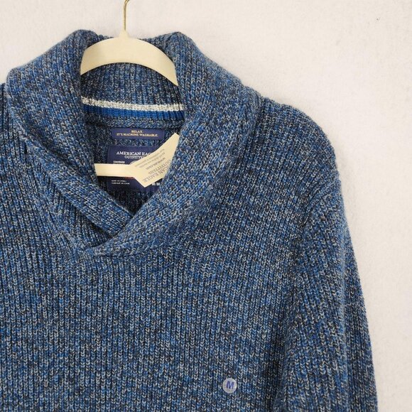 American Eagle Sweater Mens Medium Blue Shawl Collar Athletic Fit Wool Blend NEW - Picture 2 of 10